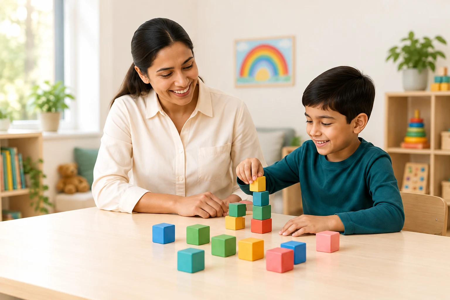 A clinician supporting a child through a play-based developmental activity
